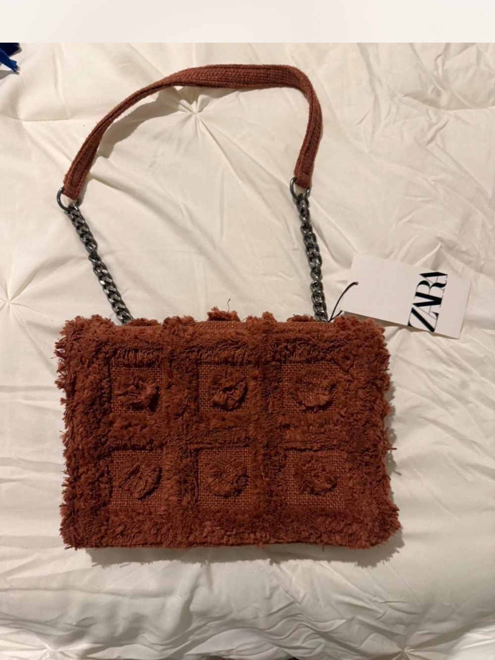 ZARA Rust Brown Bouclé Chain Shoulder Bag
